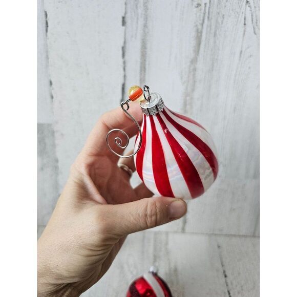 Striped reflector red ornament teardrop ball set lot Xmas tree large - Picture 10 of 13